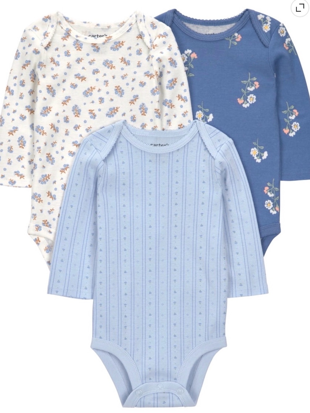 Carter's Blue Floral & Light Blue 3-Pack Long-Sleeve One-Pieces